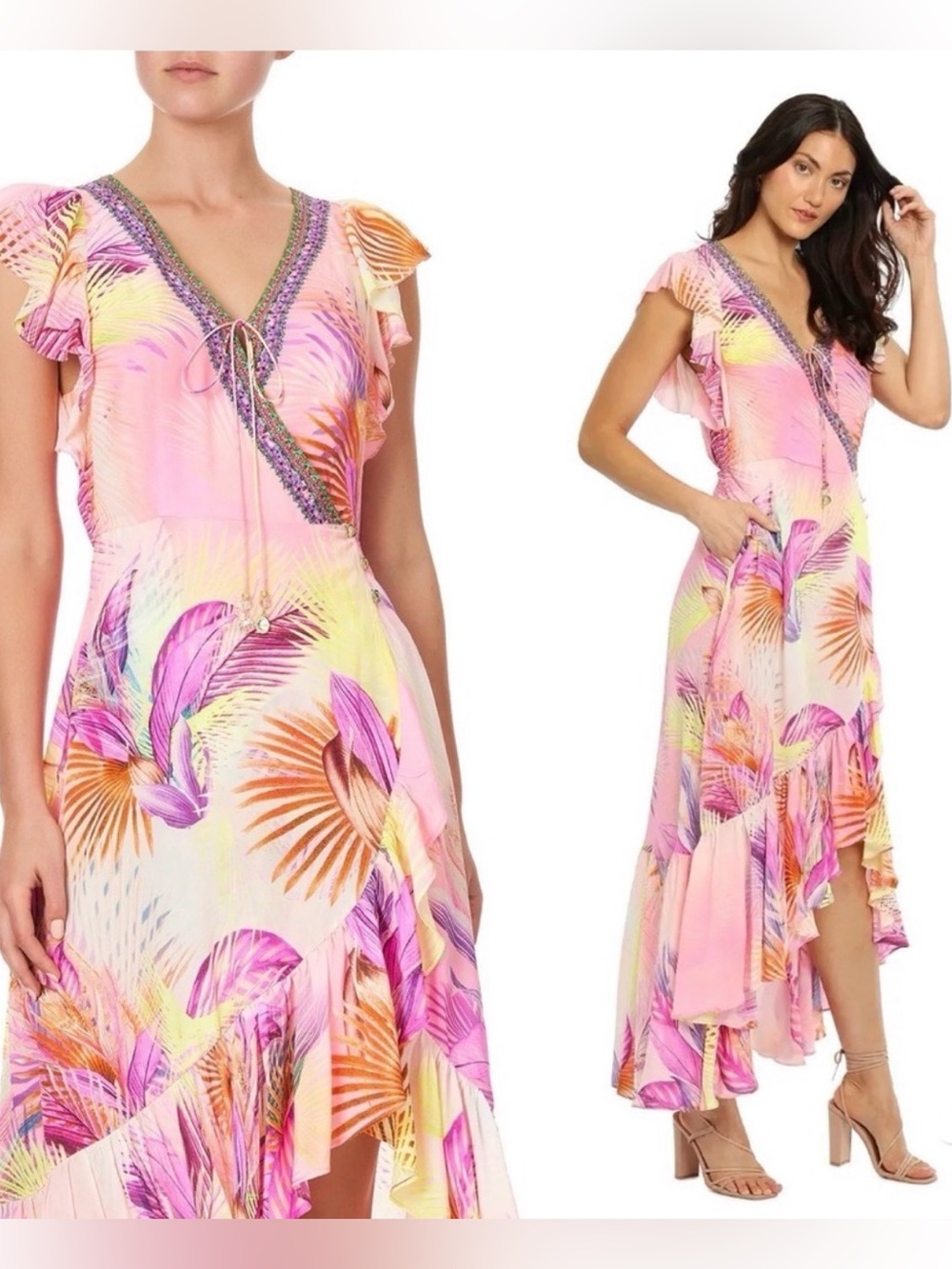 Camilla Dress South Beach Sunrise Ruffle Wrap Dress Silk Women Small Pink Resort
